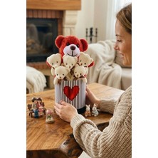 Özel Tasarım Çizgili Kutuda Kalp Detaylı Kırmızı ve Beyaz Peluş Ayıcık Buketi - Sevdiklerinize Hediye