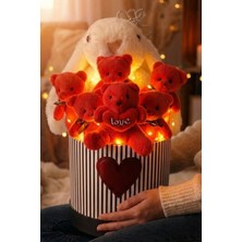 Premium Çizgili Silindir Kutuda LED Işıklı Taçlı Peluş Tavşan ve "love" Temalı Kırmızı Ayıcık Buketi