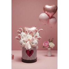 Rose Gold Kalp Balonlu Sevimli Peluş Tavşan Buketi & Özel Seri Kalp Logolu Hediye Kutusu - Özel Kutlamalar Için