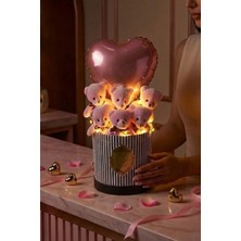 Rose Gold Kalp Balonlu LED Işıklı Pembe Peluş Ayıcık Buketi & Özel Seri Love Hediye Kutusu