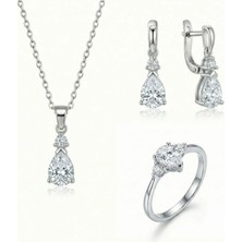 Baleno Concept 925 Ayar Gümüş Damla Model Zirkon Taşlı 3'lü Takı Seti - Kolye, Küpe, Yüzük