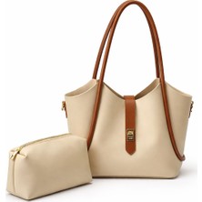 Genel Lüks Krem Kadın El ve Omuz Çantası Iç Çantalı Tote Çanta Seti – Krem Saplı Şık Günlük Büyük Hacimli Kadın Çanta