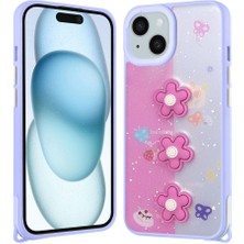 Apple iPhone 15 Kılıf Parlayan Sıvılı Simli Kabartma Figürlü Ydst Cevze Kapak-Mor Papatya