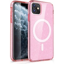 Apple iPhone 11 Kılıf Magsafe Şarj Özellikli Parlayan Simli Saydam Renkli Ydst Allstar Kapak-Pembe