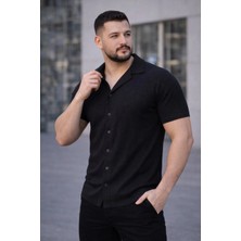 Glam Love Erkek Waffle Kumaş Kısa Kollu Düğmeli Açık Yaka Regular Fit Gömlek - Siyah