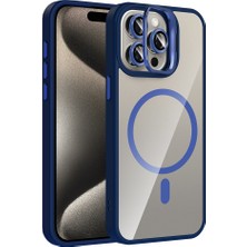 iPhone 15 Pro Kılıf Standlı ve Kamera Lens Hediyeli M-Safe Şarj Özellikli Ydst Etro Kapak - Lacivert