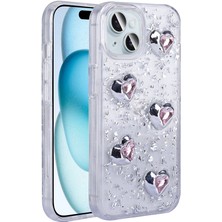 Apple iPhone 13 Kılıf Airbagli Simli Arka Yüzey Ydst Işıltı Silikon Kapak-Beyaz-Kalp