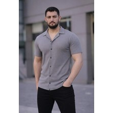 Glam Love Erkek Waffle Kumaş Kısa Kollu Düğmeli Açık Yaka Regular Fit Gömlek - Gri