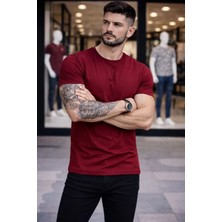 Glam Love Erkek T-Shirt Bisiklet Yaka Slim Fit Dar Kesim Likralı Tişört Günlük Basic Body - Bordo