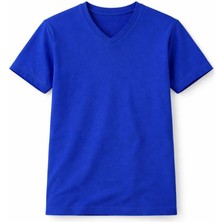 Glam Love Genç Kız Çocuk V Yaka Tişört Yazlık Model Günlük Basic Body - Saks Mavisi