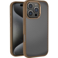 Apple iPhone 16 Pro Kılıf Karbon Fiber Görünümlü Parlak Kamera Çerçeveli Ydst Venus Kapak-Rose Brown