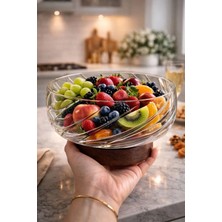 Morponi Borosilikat Cam Lüks  Akasya Kapaklı ve Akasya Ayaklı Cam Kase - Sunumluk-Salata Kasesi  Dalgalı 20 cm