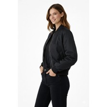 Glam Love Kadın Premium Bomber Ceket Çıtçıt Kapamalı, Ribana Manşetli, Astarlı, Regular Fit Mont - Siyah