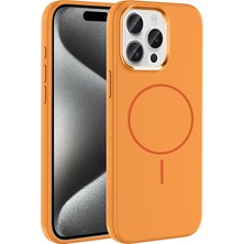 iPhone 15 Pro Max Kılıf M-Safe Şarj Özellikli Metal Kamera Çerçeveli Zore Edi Silikon Kapak - Turunc