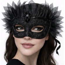 Indispensablely Siyah Taşlı Venedik Maskesi Lüks Tüllü Parti Maskesi