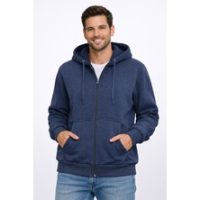Justas Erkek indigo şardonlu Kapşonlu kanguru boydan fermuarlı Üçiplik Sweatshirt