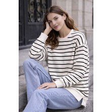 Tenra Oversize Geniş Kalıp Kadın Sweatshirt Bisiklet Yaka Basic Çizgili