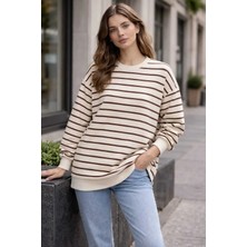 Tenra Oversize Geniş Kalıp Kadın Sweatshirt Bisiklet Yaka Basic Çizgili