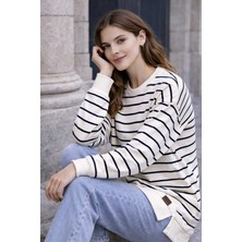 Tenra Oversize Geniş Kalıp Kadın Sweatshirt Bisiklet Yaka Basic Çizgili