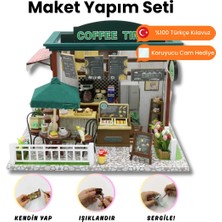 Minyaturia Kendin Yap Minyatür Kafe – LED Işıklı Ahşap Maket Ev | Toz Koruyucu Cam Hediyeli DIY Hobi Seti
