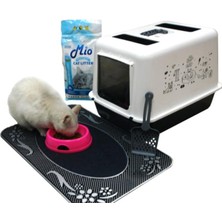 abnturk Beyaz 5 Parça Kum Kürek Paspas Mama Kabı ve Filtreli Lüx Kapalı Tuvalet Özel Tırmalama Paspaslı Set