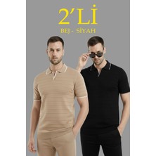 Glam Love Erkek 2’li Paket Triko Yakalı Düğmesiz Açık Yaka Fitilli Kısa Kollu Regular Fit Tişört - Bej  Siyah
