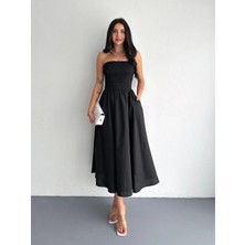 Glam Love Straplez Pileli Elbise - Siyah