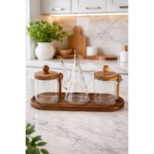 Morponi Akasya Stantlı Borosilikat Cam Akasya Kapaklı Baharatlık ve Yağdanlık Mutfak Seti