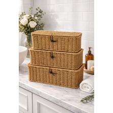 Morponi 3'lü Dekoratif Dikdörtgen Hasır Çok Amaçlı Düzenleyici Sepet