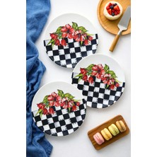 Grandora Siyah Beyaz Dama ve Çiçek Desenli (6 Adet, 20 Cm) Modern Pasta Tatlı Tabağı Seti
