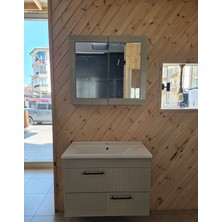 Muhtelif Mrclk Bej 80 cm Banyo Alt Çekmeceli Dolap + Üst Dolap + Lavabo