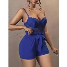 Barış Beauty Kadın Lacivert Kuşak ve Dantel Detaylı Gece Kıyafeti 5148