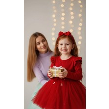 Retro Women Kız Çocuk Kırmızı Uzun Kol Tütülü Hediye Prenses Elbise