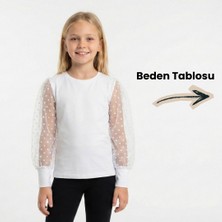 NR Nar Rengi Kompak Masalsı Dokunuş Puantiyeli Tül Kollu Kız Çocuk Okulluk Bluz