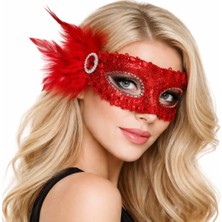 Colezium Kırmızı Taşlı Venedik Parti Maskesi - Tüylü Payetli