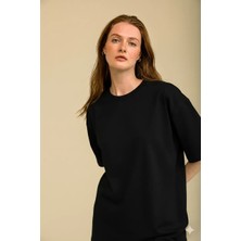 Guaraz Kadın Siyah Oversize Bisiklet Yaka %100 Pamuk Düz Basic Yazlık T-Shirt