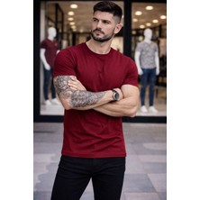 Velmora Fashion Erkek T-Shirt Bisiklet Yaka Slim Fit Dar Kesim Likralı Tişört Günlük Basic Body - Bordo