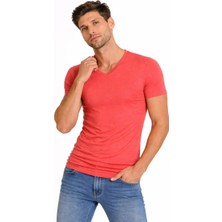 Velmora Fashion Erkek T-Shirt V Yaka Slim Fit Dar Kesim Likralı Tişört Günlük Basic Body - Nar Çiçeği
