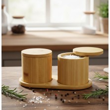 Meli Collection Doğal Bambu Mıknatıs Kapaklı Ikili Baharatlık ve Sunum Altlığı Seti