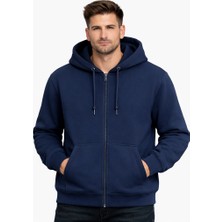 Justas Erkek Lacivert Şardonlu Kapşonlu Boydan Fermuarlı Kanguru Cep Üç Iplik Sweatshirt