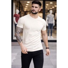 Velmora Fashion Erkek T-Shirt Bisiklet Yaka Slim Fit Dar Kesim Likralı Tişört Günlük Basic Body - Taş