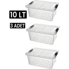 Qs Plastik Depolama Saklama Kutusu Düzenleyici Kilitli Saklama Kabı 3 Adet 10 Lt Şeffaf