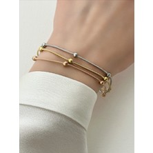 QA Quella Accessories Çelik Üçlü Topçuk Sıralı Rose-Gümüş-Gold Bileklik 17+5 cm
