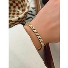 QA Quella Accessories Rodyum Çift Sıra Yıldız Zirkon 14 Ayar Altın Kaplama Gold Bileklik 16+2 cm