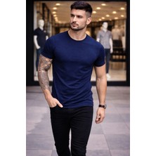 Alfanora Erkek T-Shirt Bisiklet Yaka Slim Fit Dar Kesim Likralı Tişört Günlük Basic Body - Lacivert