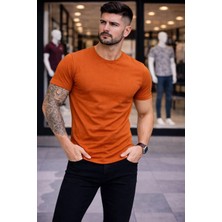 Alfanora Erkek T-Shirt Bisiklet Yaka Slim Fit Dar Kesim Likralı Tişört Günlük Basic Body - Koyu Turuncu
