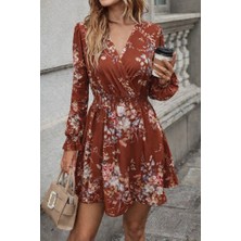 Emh Store Kadın Uzun Kollu Kruvaze Yakalı Çiçek Desenli Mini Süprem Elbise