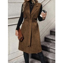 Emh Store Kadın Kolsuz Yakalı Önü Açık Belden Kuşaklı Süet Midi Yelek