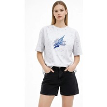 Emh Store Asit Yıkamalı Oversize Tişört Future Worlds Baskılı Bisiklet Yaka Kısa Kollu Streetwear %100 Pamuk Street Style T-Shirt - Beyaz