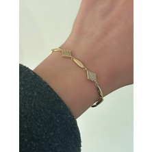 QA Quella Accessories Rodyum Baklava Zirkon 14 Ayar Altın Kaplama Gold Künye Bileklik 16,3+2 cm